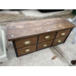 A VICTORIAN STYLE PINE SIX DRAWER CHEST, WITH BRASS SCOOP HANDLES, 38" LONG