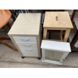 A MODERN THREE DRAWER CHEST, STOOL AND BATHROOM CABINET