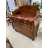 A VICTORIAN MAHOGANY CHEST OF TWO SHORT AND THREE LONG DRAWERS WITH GALLERIED BACK - 44" WIDE