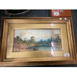 A FRAMED WATERCOLOUR OF A CASTLE AND RIVER SCENE