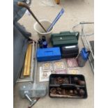 AN ASSORTMENT OF ITEMS TO INCLUDE DECORATIVE TILES, A WALKING STICK AND THREE TOOL BOXES ETC
