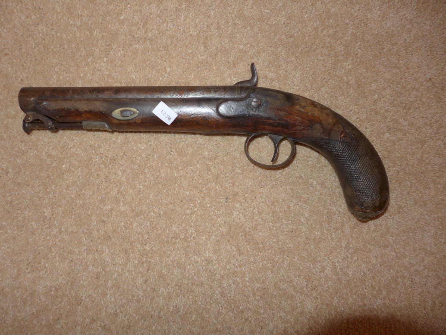 A PERCUSSION CAP PISTOL, THE ENGRAVED LOCK WITH MAKERS NAME, FRED BARNES, TOWER HILL, 18CM BARREL, - Image 2 of 5