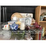 AN ASSORTMENT OF CERAMIC AND GLASS WARE TO INCLUDE BUTTER DISHES, A BISCUIT JAR ETC