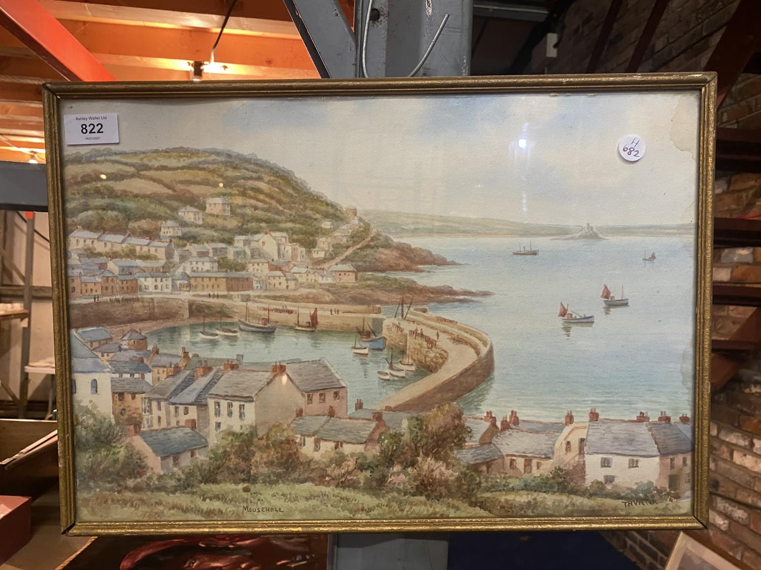 A FRAMED WATERCOLOUR OF MOUSEHOLE HARBOUR IN CORNWALL, SIGNED T H VICTOR