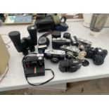 A LARGE QUANTITY OF CAMERAS AND CAMERA EQUIPMENT TO INCLUDE A CHINON CE-5 AND MINOLTA A5 ETC