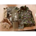 A CAMOFLAGE UNIFORM, TWO CANVAS AMMUNITION POUCHES, WATER BOTTLE, CANVAS PISTOL HOLSTER ETC