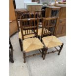 FOUR LANCASHIRE SPINDLE BACK RUSH SEATED DINING CHAIRS