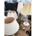 THREE BRASS TABLE LAMPS, FURTHER METAL LAMP AND FUTHER GINGHAM SHADED LAMP, BELIEVED IN WORKING