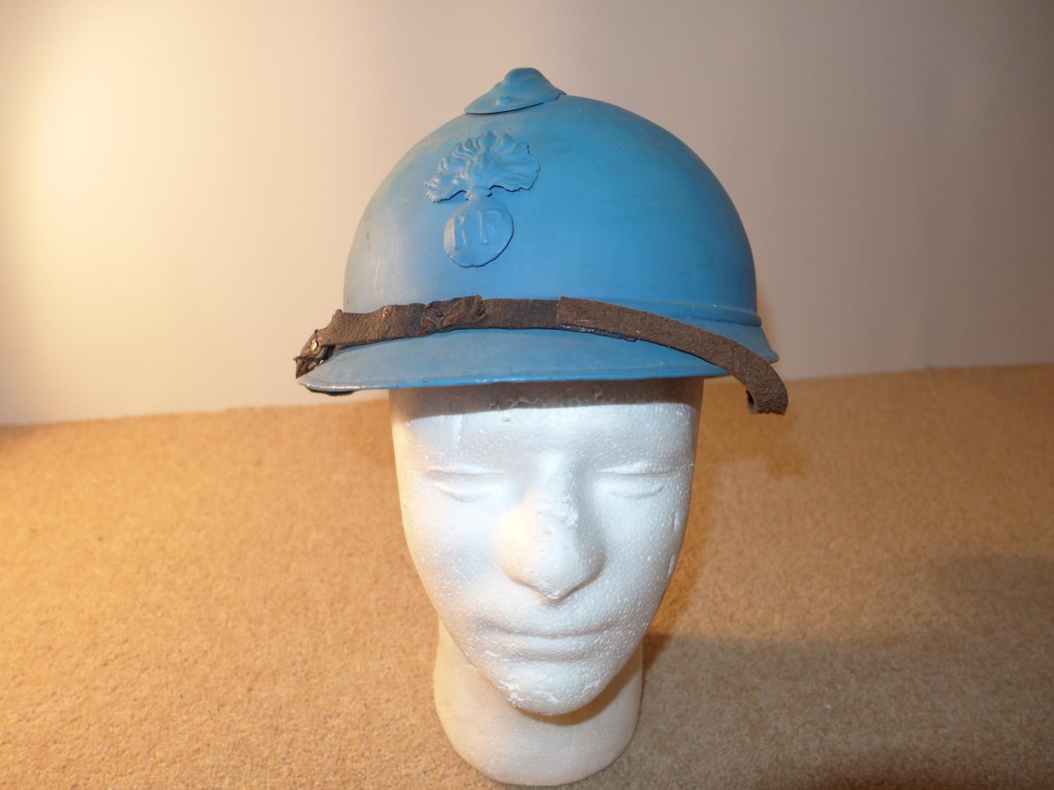 A BLUE PAINTED FRENCH ARMY ADRIAN HELMET WITH LEATHER LINING - Image 2 of 4