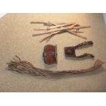 A QUANTITY OF MILITARY LEATHER ITEMS, CARTRIDGE POUCH, SWORD HOLDER, STRAPS ETC
