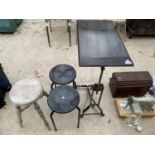 A VINTAGE HEIGHT ADJUSTABLE BED TABLE, WOODEN FOUR LEGGED STOOL AND A FURTHER PAIR OF METAL STOOLS