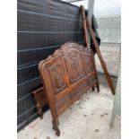 A FRENCH STYLE HARDWOOD DOUBLE BEDSTEAD, 5', WITH CARVED FOLIATE DECORATION