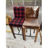 TWO MODERN KITCHEN BAR CHAIRS, ONE COVERED WITH COW HIDE, THE OTHER WITH TARTAN, COMPLETE WITH