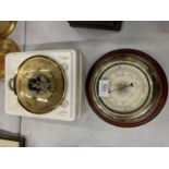 TWO WOOD AND BRASS BAROMETERS