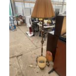 TWO TABLE LAMPS AND A FURTHER WOODEN STANDARD LAMP WITH BRASS DETAIL