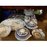 AN ASSORTMENT OF VARIOUS CHINA WARE TO INCLUDE LARGE MEAT PLATTERS, A VINTAGE CHEESE DISH, A VERY