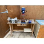 A WOODEN WORK BENCH TO INCLUDE A BENCH GRINDER, VICE AND PILLAR DRILL