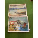 A PAIR OF INITIALLED OIL ON BOARD COASTAL PAINTINGS