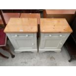 TWO MODERN PAINTED BEDSIDE LOCKERS WITH PINE TOPS