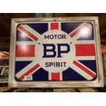 A VINTAGE STYLE FRAMED METAL BP MOTOR SPIRIT SIGN