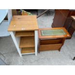 A MODERN PINE OPEN BEDSIDE TABLE AND YEW WOOD MAGAZINE RACK/TABLE