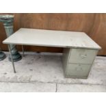 A VINTAGE WOODEN DESK WITH METAL LEGS AND TWO DRAWERS