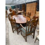 AN 18TH CENTURY STYLE EXTENDING OAK DINING TABLE ON QUATREFOIL BASE (77" X 50" EXTENDED) WITH SIX