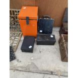 TWO BLACK METAL DEED BOXES, AN ORANGE METAL STORAGE UNIT AND A FURTHER WOODEN CASE