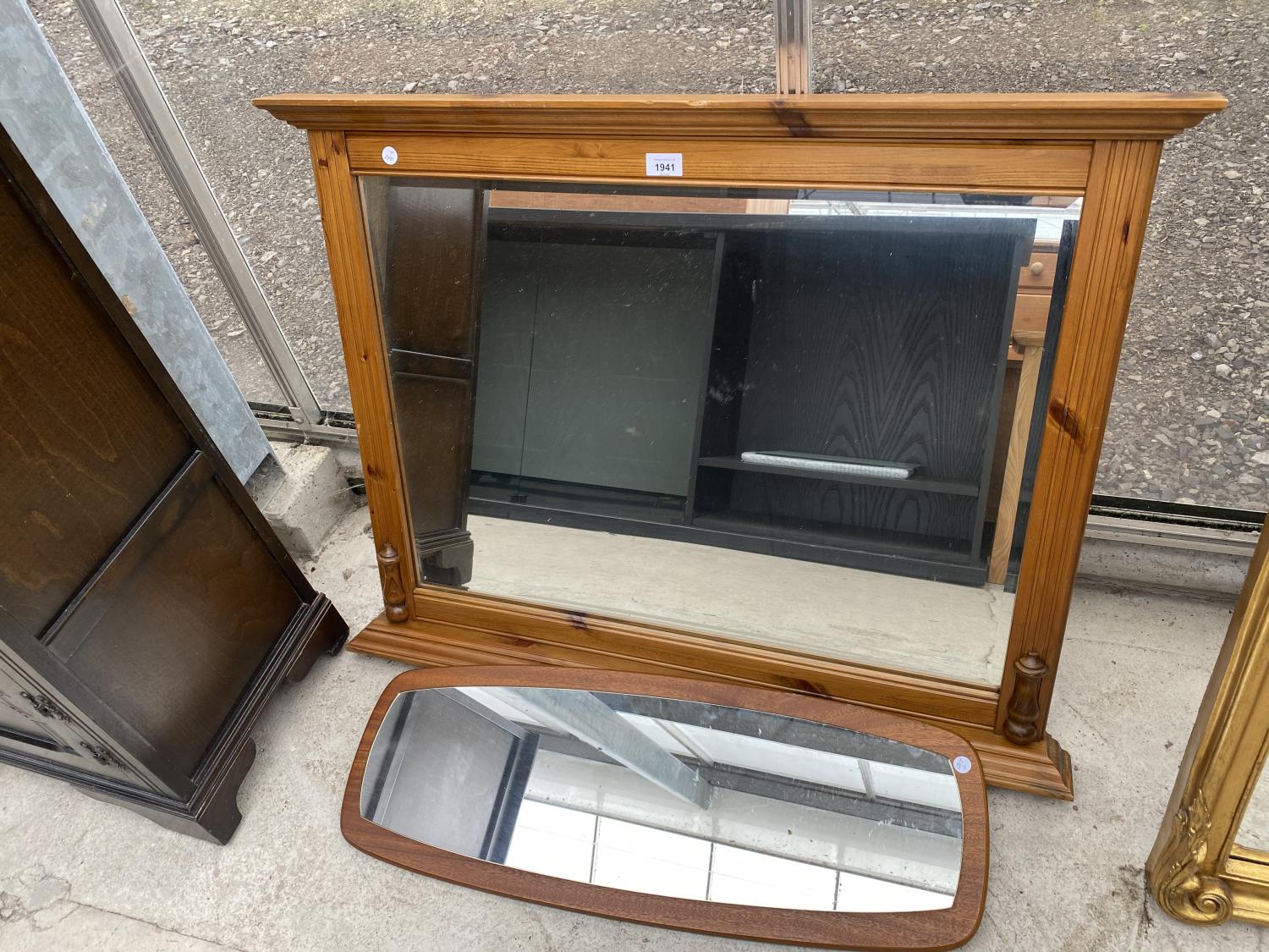 A MODERN PINE OVERMANTEL MIRROR 37.5" WIDE, TOGETHER WITH A TEAK FRAMED WALL MIRROR