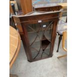 A 19TH CENTURY MAHOGANY AND INLAID ASTRAGAL GLAZED CORNER CUPBOARD, 26" WIDE