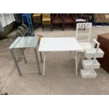 A GLASS TOP LAMP TABLE, A FOLDING TABLE, A VEGETABLE RACK AND A WHITE CHAIR