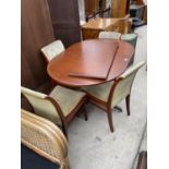 A MORGAN FURNITURE MAHOGANY EXTENDING PEDESTAL DINING TABLE AND FOUR BUTTON-BACK CHAIRS