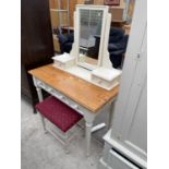 A MODERN PINE AND PAINTED DRESSING TABLE AND STOOL