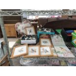 AN ASSORTMENT OF SEWING ITEMS TO INCLUDE A SELECTION OF FRAMED CROSS STITCH PIECES ETC