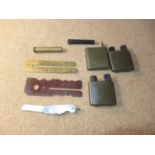 A COLLECTION OF MILITARY ITEMS, 1953 PENKNIFE, TWO BUTTON CLEANING AIDS, FIVE OIL BOTTLES