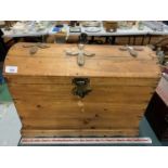 A LARGE WOODEN CHEST WITH METAL HINGE, CLASP AND HANDLES