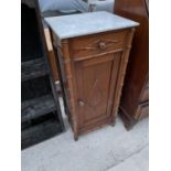 A VICTORIAN PITCH PINE BEDSIDE CABINET WITH BAMBOO EFFECT CORNER AND MARBLE TOP STAMPED POSSCHELLE-