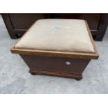 A SMALL OAK AND INLAID MAHOGANY SEWING STOOL