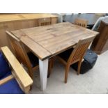 A PINE KITCHEN TABLE ON PAINTED SUPPORTS (59" X 36") WITH FOUR CHAIRS