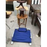 FOUR VARIOUS WOODEN TABLE AND A FOLD UP BACK REST