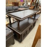 A MID VICTORIAN OAK BUFFET SIDE-TABLE WITH THREE DRAWERS TO THE BASE, THE GALLERIED TOP SUPPORTED BY