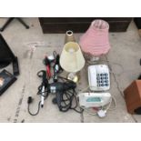 AN ASSORTMENT OF ITEMS TO INCLUDE TWO TABLE LAMPS, AND HAIR CARE ITEMS ETC