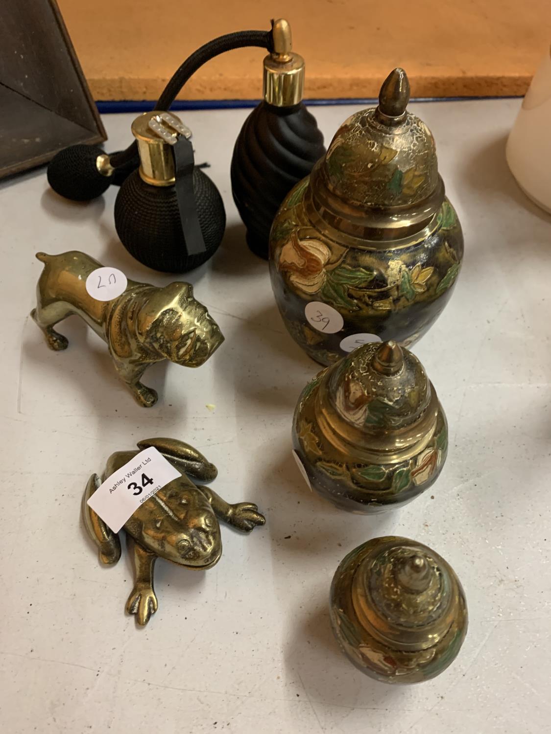 A SELECTION OF BRASS ITEMS TO INCLUDE TWO PERFUME BOTTLES