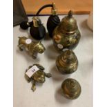 A SELECTION OF BRASS ITEMS TO INCLUDE TWO PERFUME BOTTLES