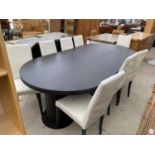 A MODERN BLACK ASH EFFECT DINING TABLE, 98x47", TOGETHER WITH EIGHT CHAIRS