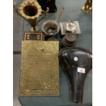 AN ASSORTMENT OF METAL WARE TO INCLUDE A VINTAGE BIKE SEAT AND VARIOUS WEIGHTS ETC