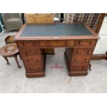 A VICTORIAN MAHOGANY TWIN PEDESTAL DESK WITH NINE DRAWERS AND LEATHER WRITING SURFACE - 41" X 24"