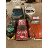 FIVE VINTAGE MODEL VEHICLES TO INCLUDE TWO CAMPER VANS AND A MINI