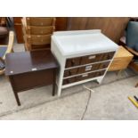 A SEWING BOX / TABLE, CHEST OF FOUR DRAWERS AND A SMALL CHEST WITH OFFSET HANDLE
