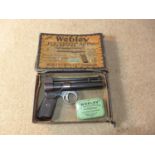 A GOOD CONDITION WEBLEY JUNIOR .177 CALIBRE AIR PISTOL, SERIAL NUMBER 501, 15.5CM BARREL, WITH